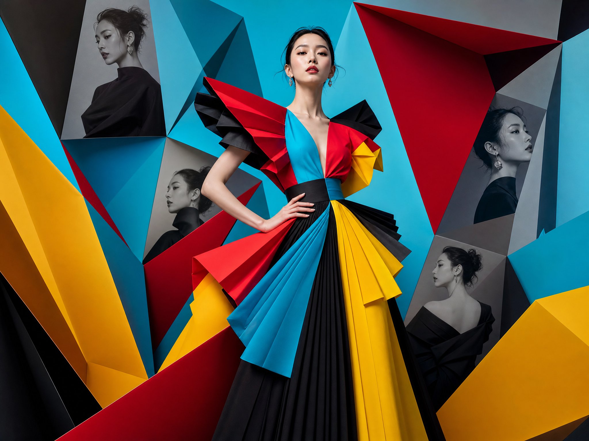 Hyper-detailed 1:1 square composition featuring High-fashion editorial