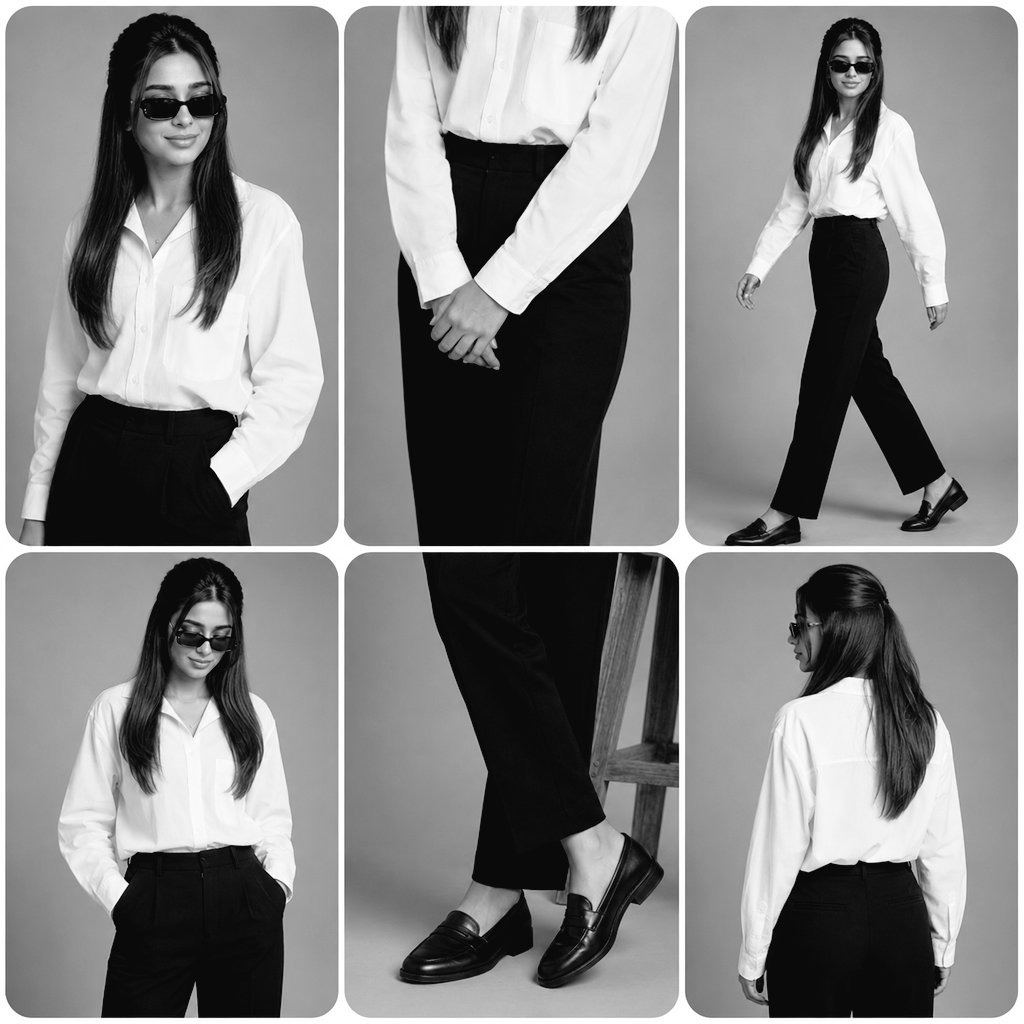 A premium black-and-white fashion editorial collage in a minimalist