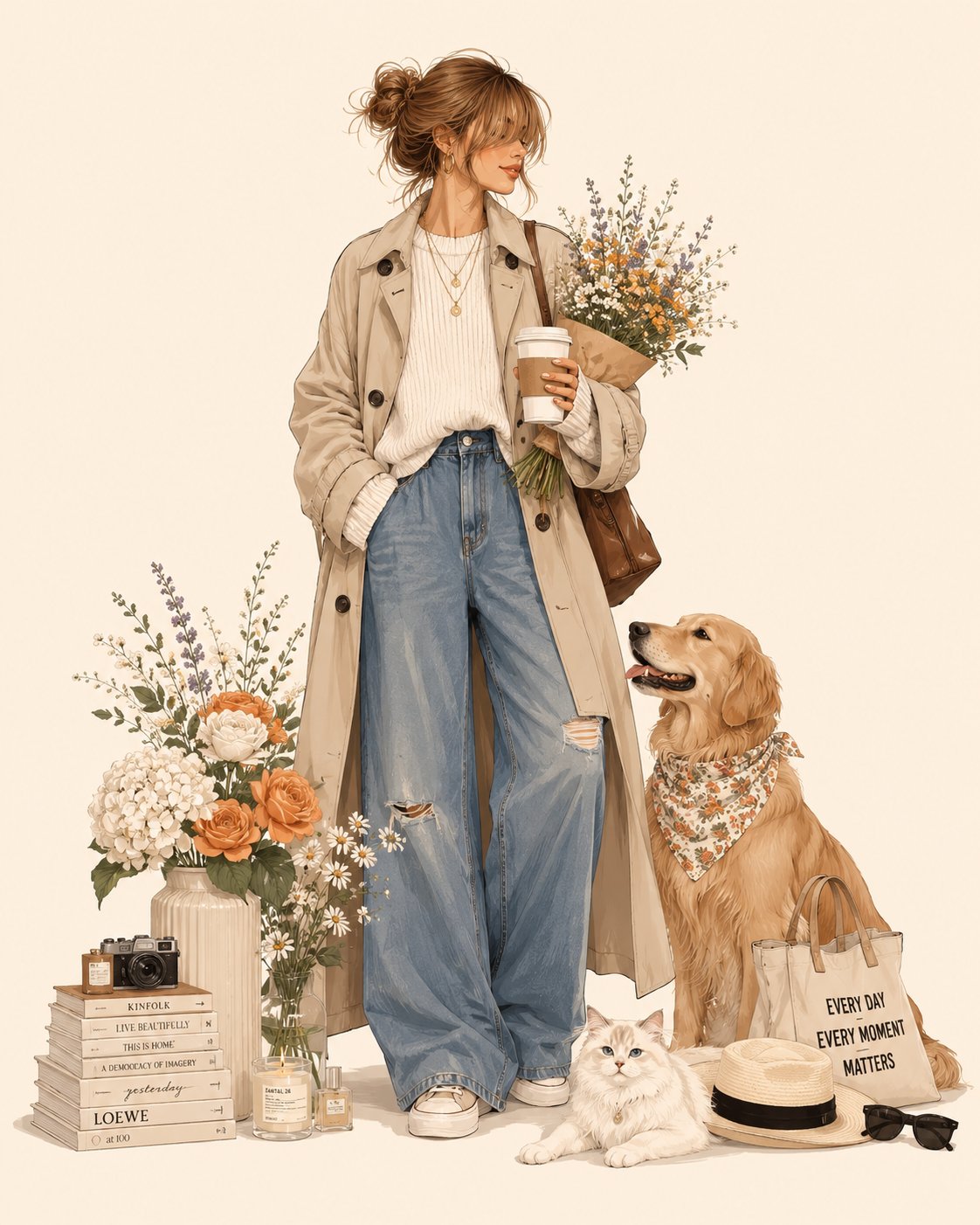 A luxury fashion illustration featuring [PERSON]