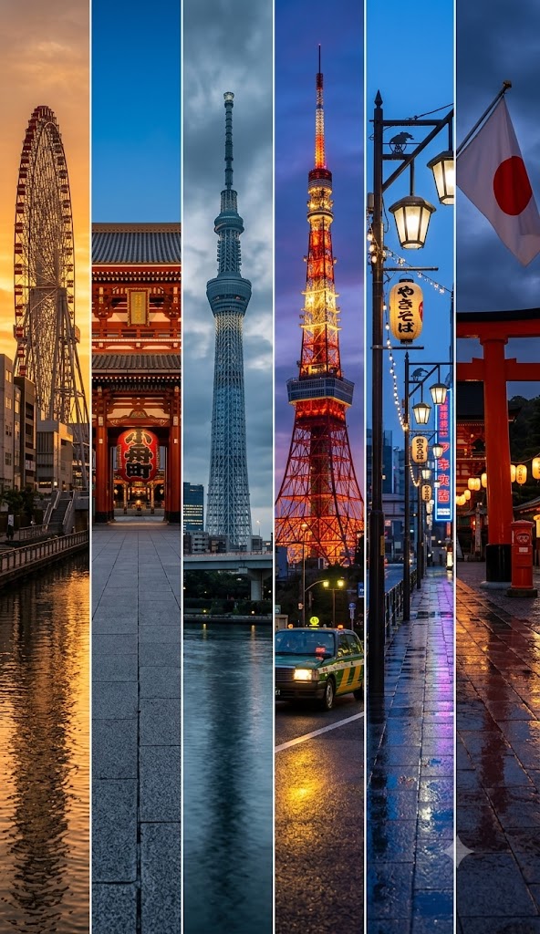 A cinematic 6-panel vertical collage travel poster of [COUNTRY NAME], with