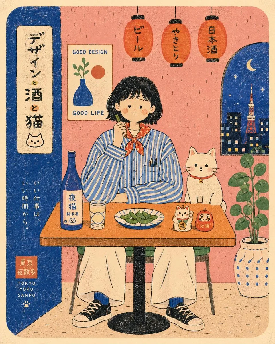 Whimsical Japanese retro café illustration, cozy slice-of...