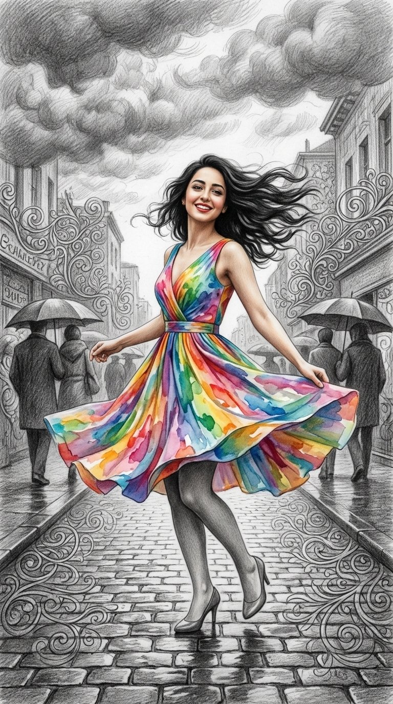 Prompt 🖼⤵️ A bright, charming, and hyperrealistic girl, dressed in a colorful
