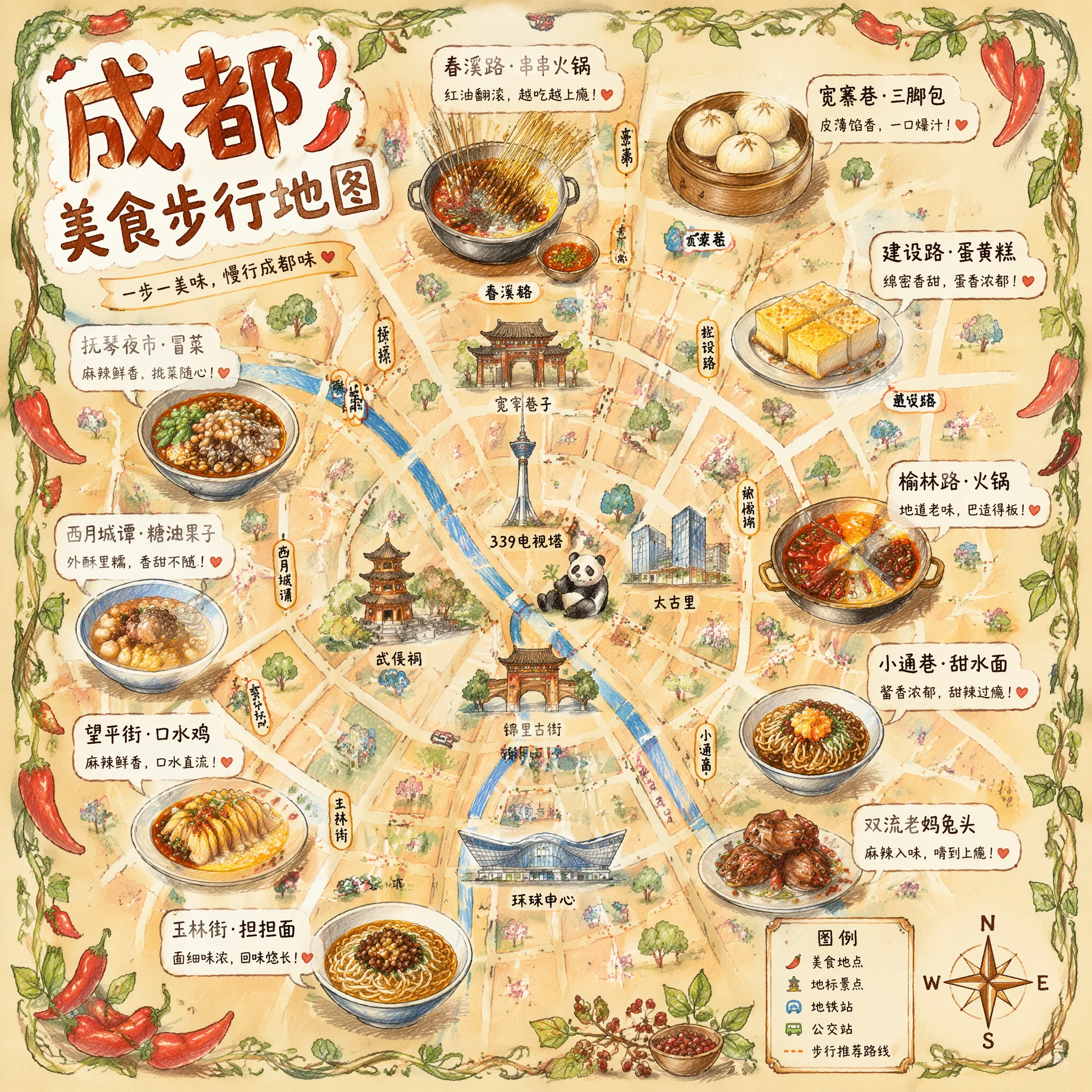 这是一幅以成都为主题的手绘风格城市美食地图。地图底图为鸟瞰视角的手绘简化版城市地图，标示了主要道路和地标——并非追...