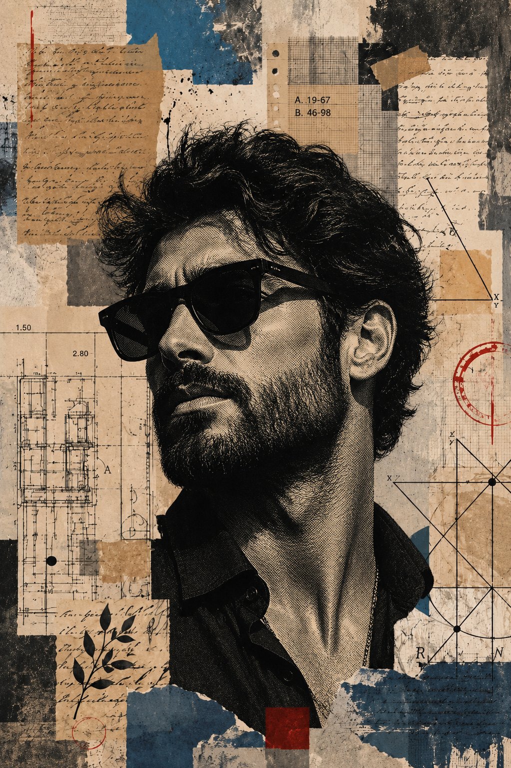 A striking mixed-media editorial collage of a rugged, handsome bearded man