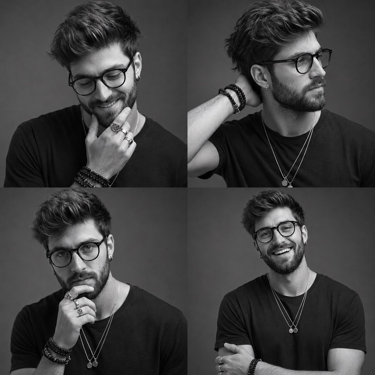 Ultra-realistic black-and-white studio portrait contact sheet of the same