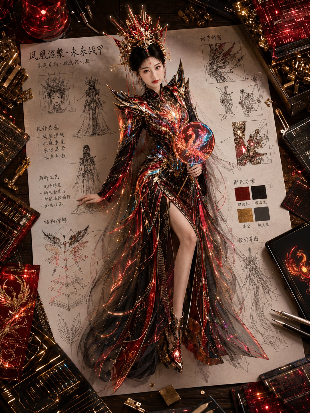 生成一张竖版 3:4 的东方高定服装概念设计稿海报,必须是一张已经完成视觉排版的成品图。