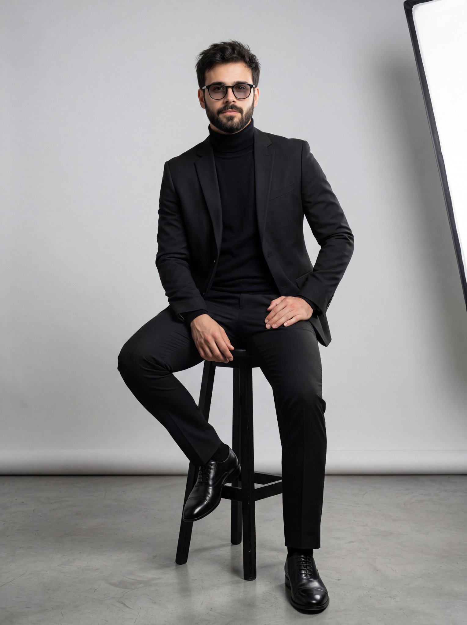 A full-body studio portrait of a handsome man with a neatly trimmed, full