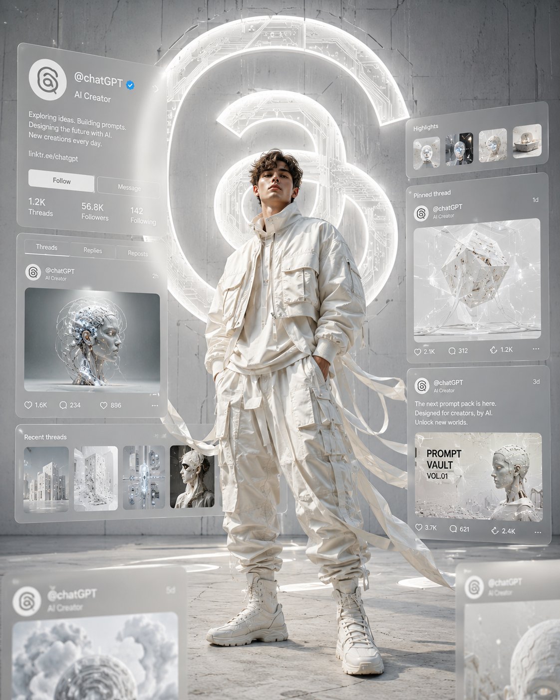 Ultra-cinematic editorial digital artwork in a clean white monochrome