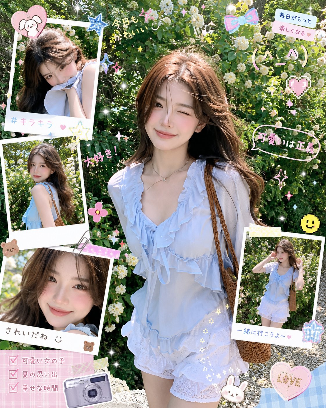 A dreamy Korean-inspired Y2K aesthetic portrait of a cute young woman