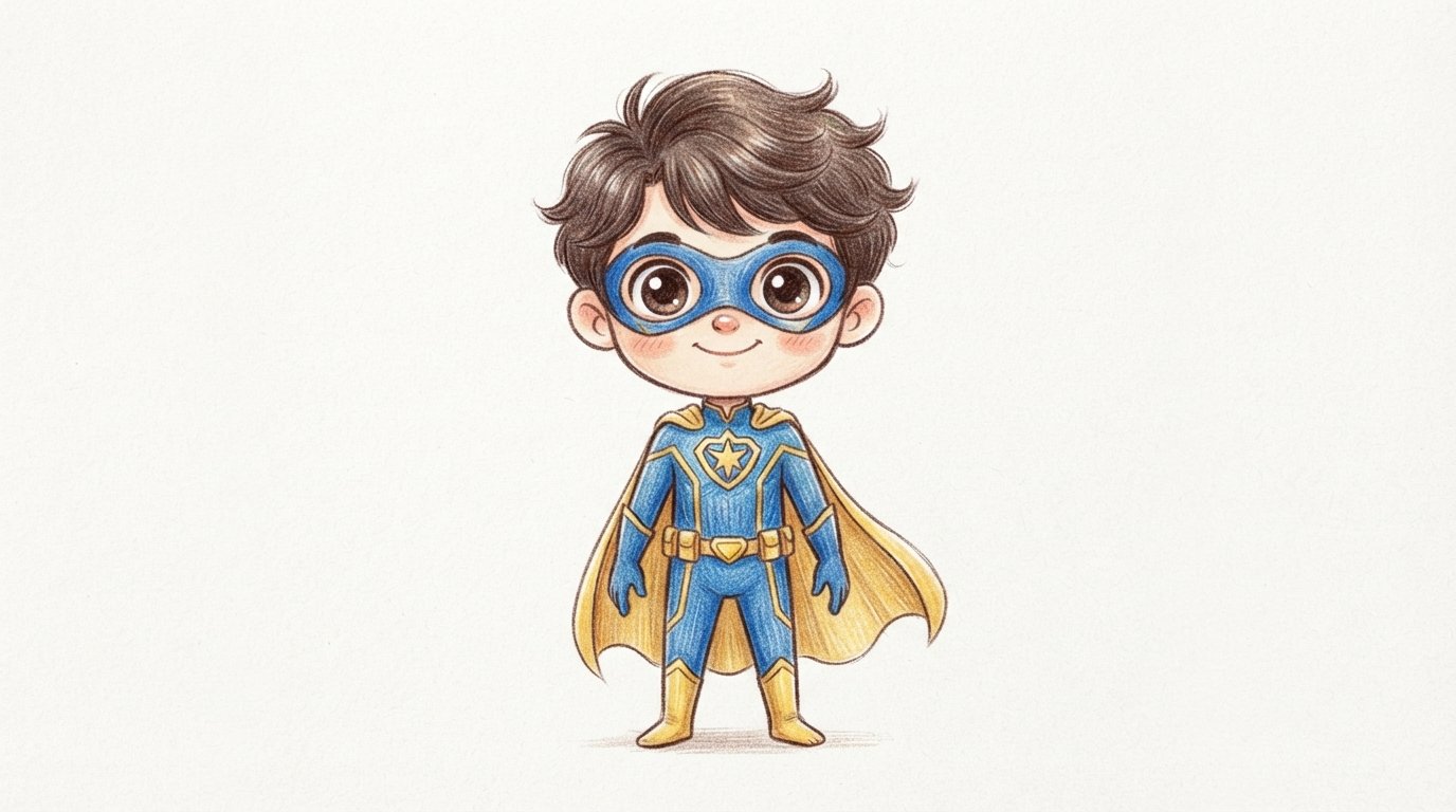 “Chibi [SUBJECT] in [OUTFIT], oversized head, big dark eyes, colored-pencil