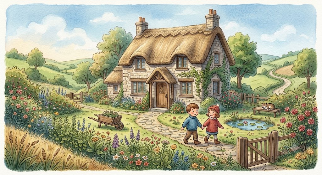 Enchanting cinematic storybook illustrations with a soft blue, warm brown,