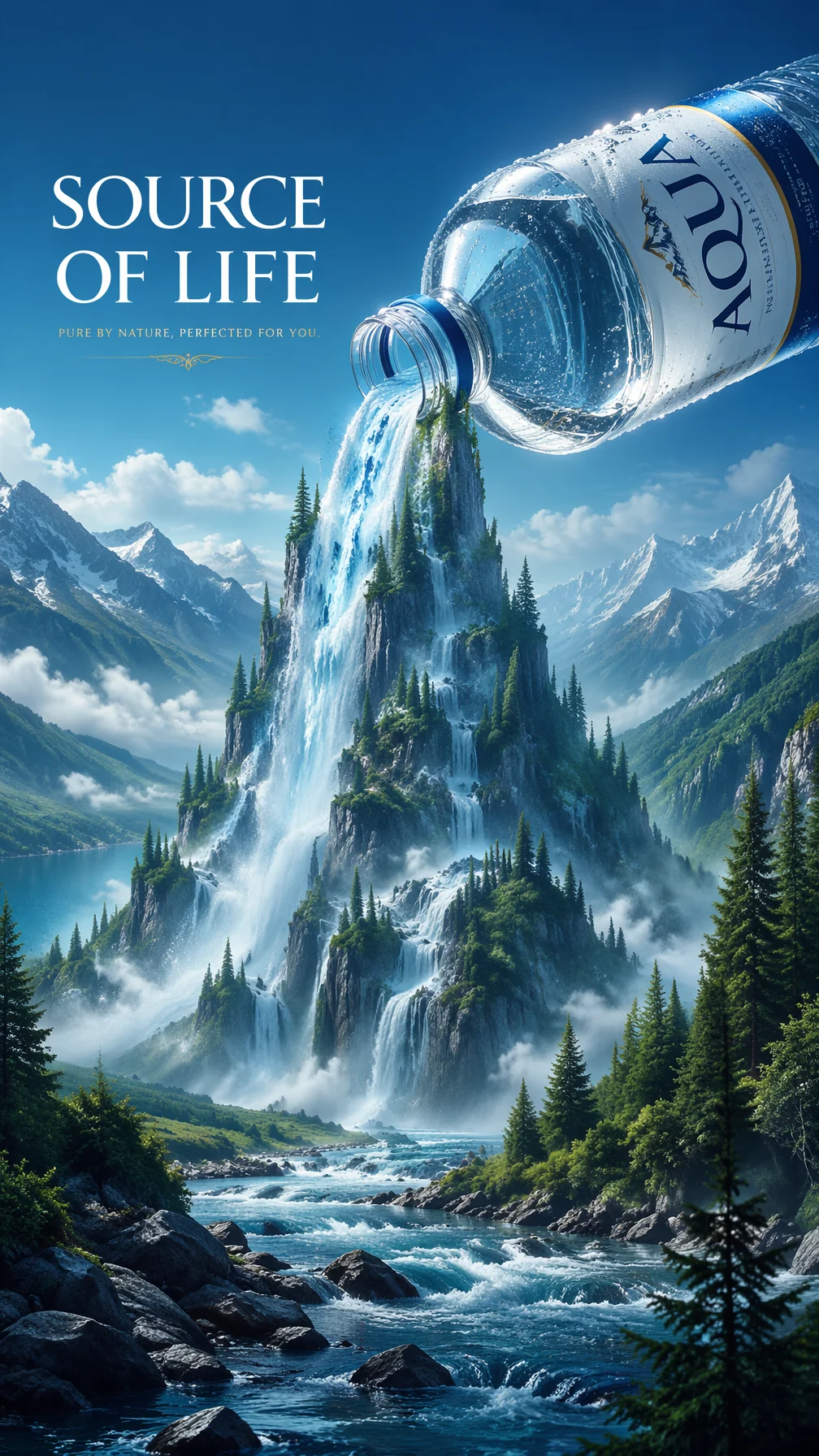 A premium 9:16 bottled water advertising poster.Main Subj...