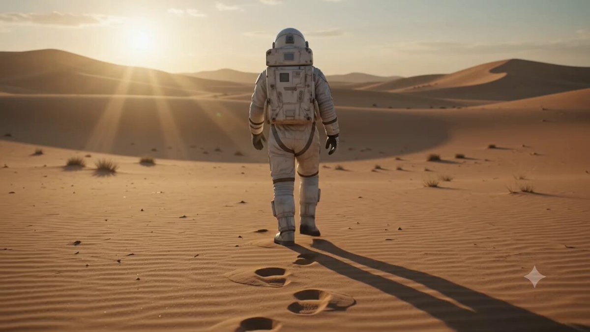 > A lone astronaut walks through a quiet desert at sunset