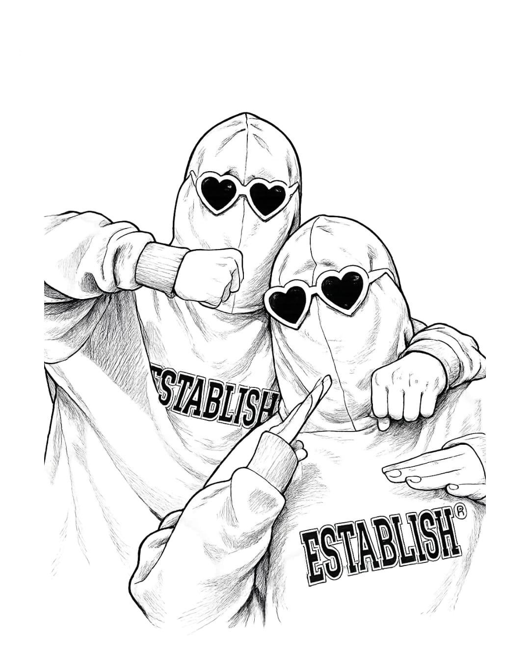 A minimalist surreal portrait of two anonymous friends wearing oversized gray