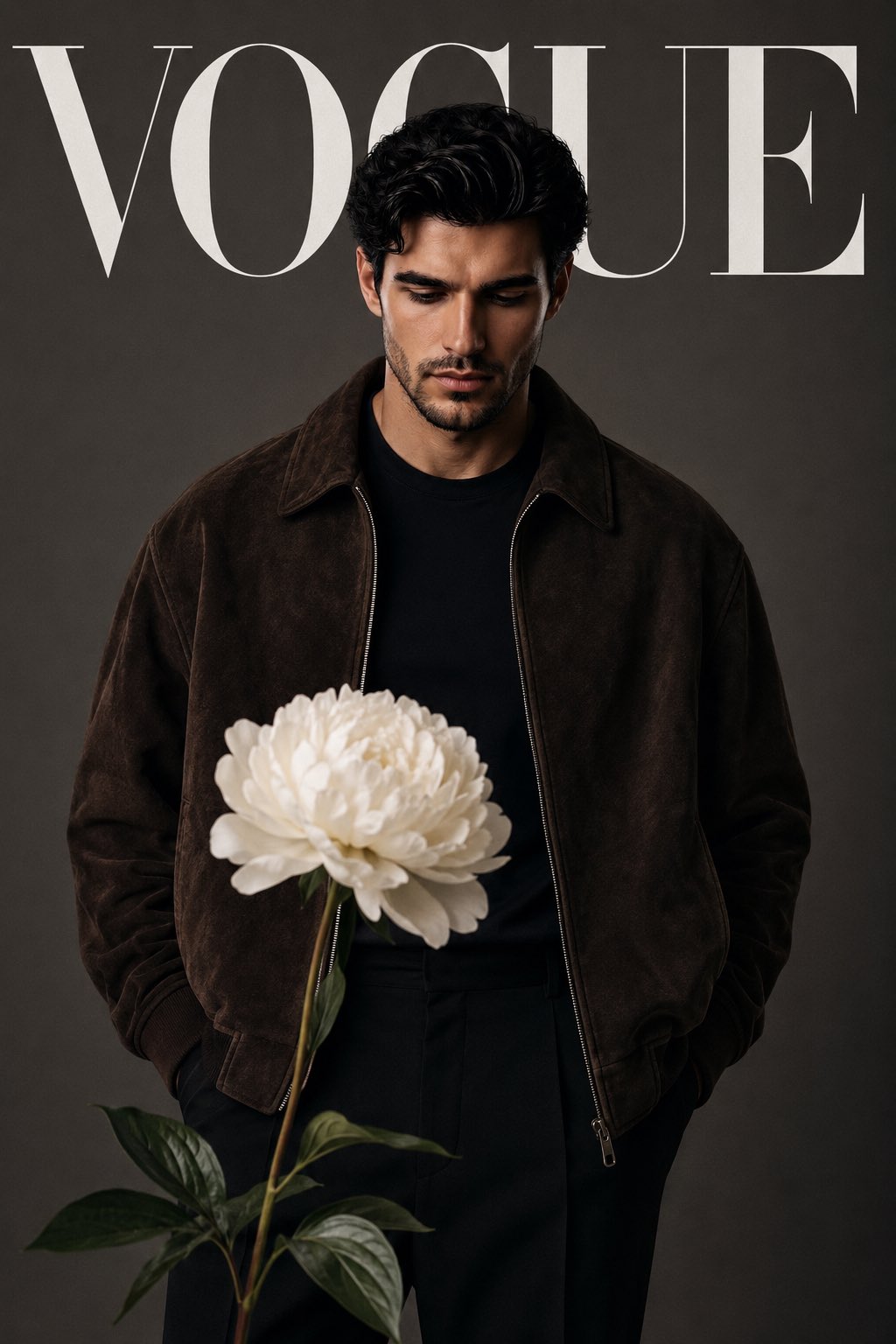 A luxury high fashion editorial magazine cover featuring [YOUR FACE] as the