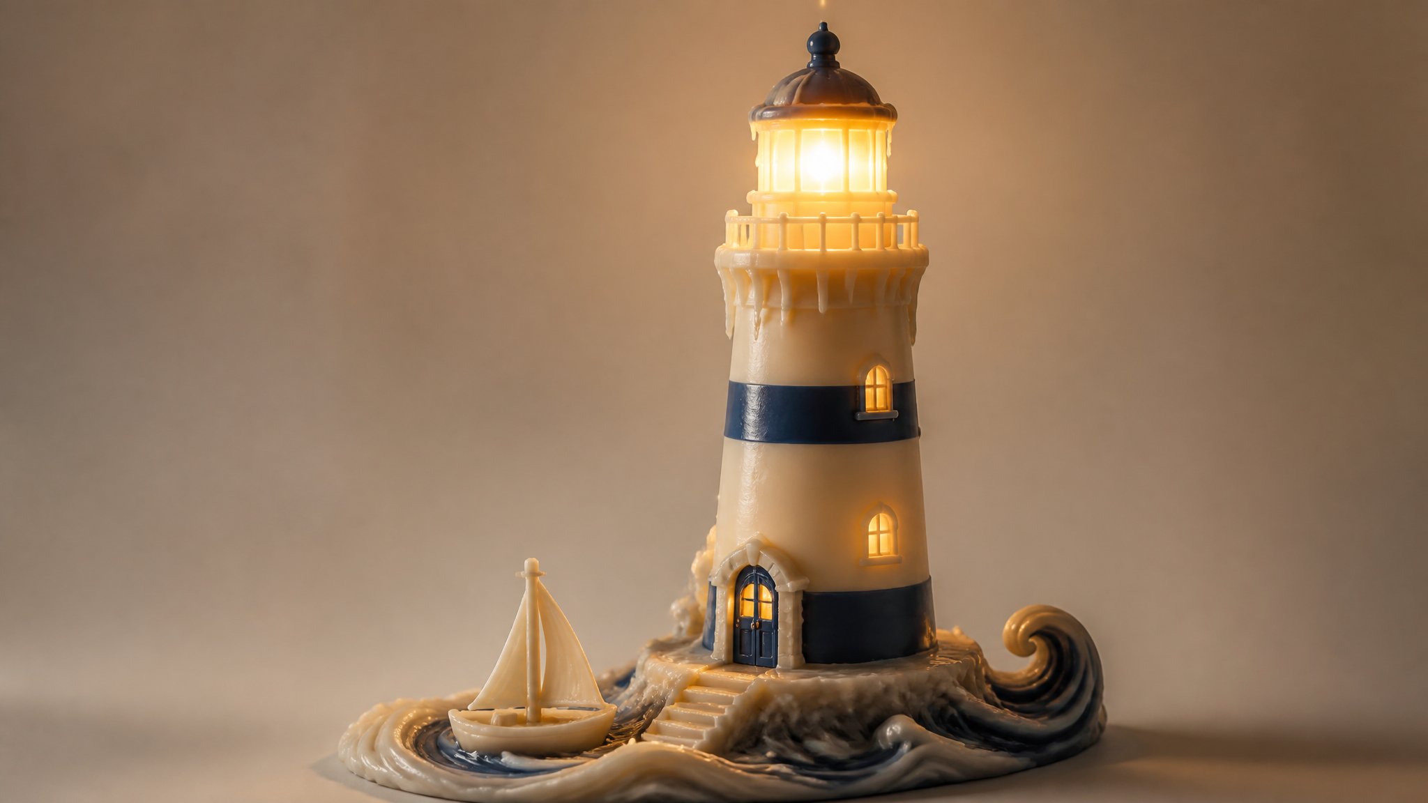 Stylized [subject] sculpted from smooth candle wax, softly melted edges,