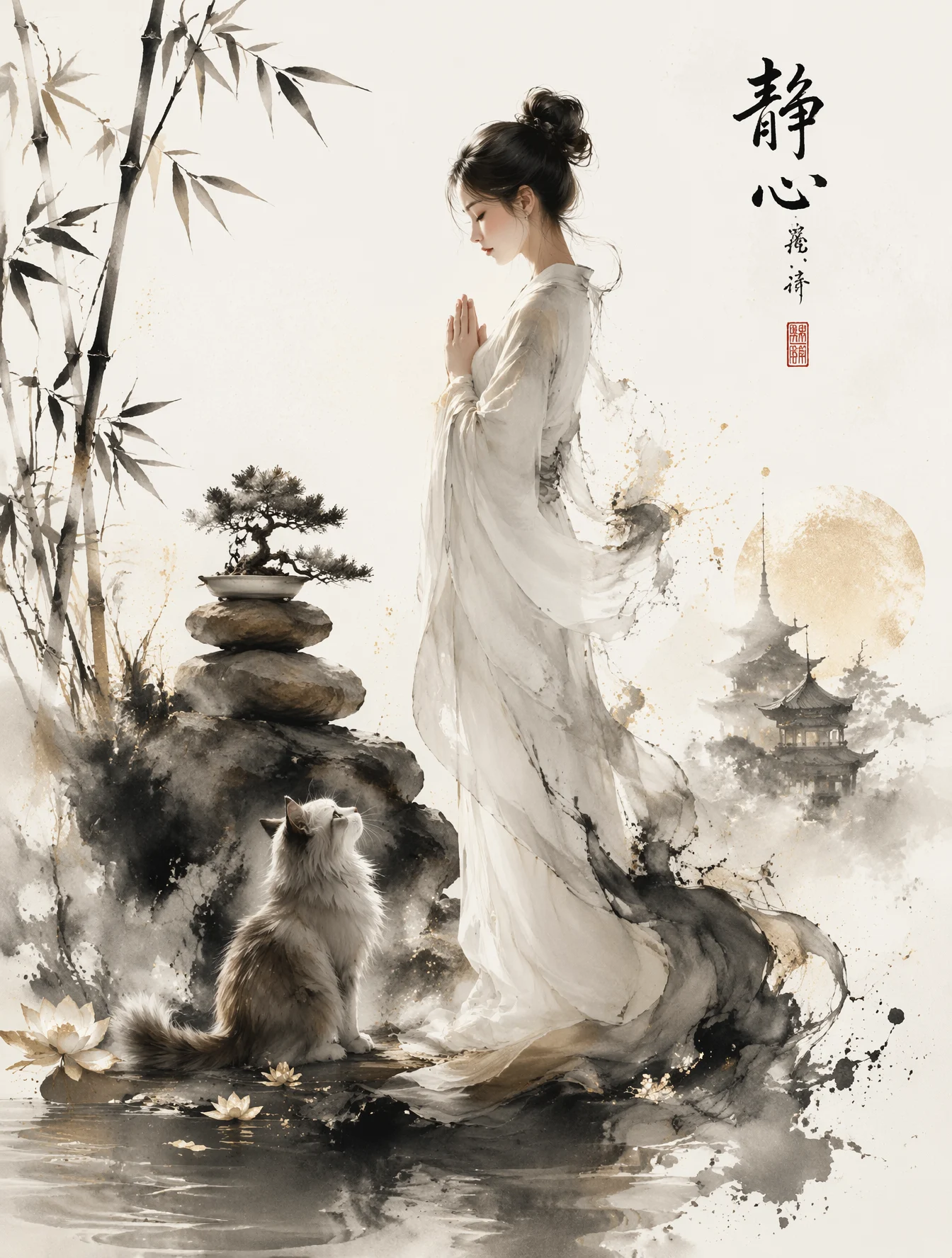 这幅杰作是一幅超精细的禅意水墨画，采用极简主义的白色背景，营造出宁静的冥想氛围，充满东洋风格的优雅气质。黑色的墨迹...