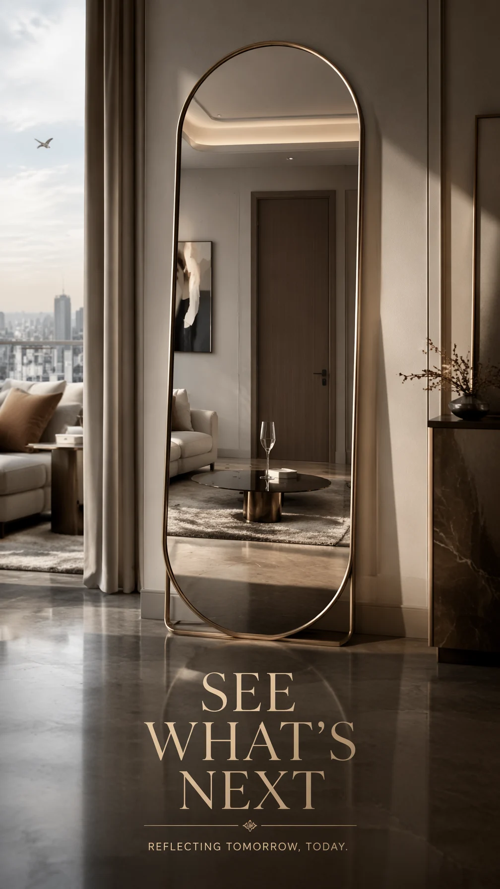 A premium 9:16 mirror advertising poster.Main Subject:A l...