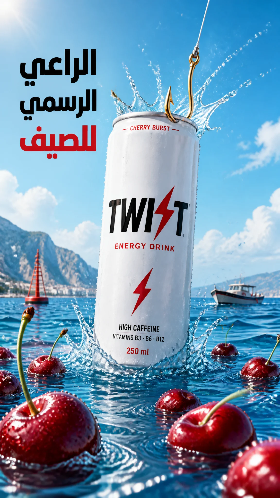 A sleek, cylindrical aluminum energy drink can stands ver...
