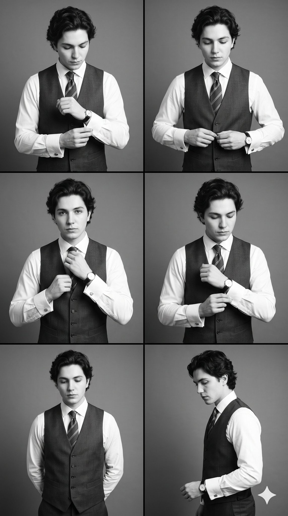 A single 2×3 editorial contact sheet featuring the same gentleman