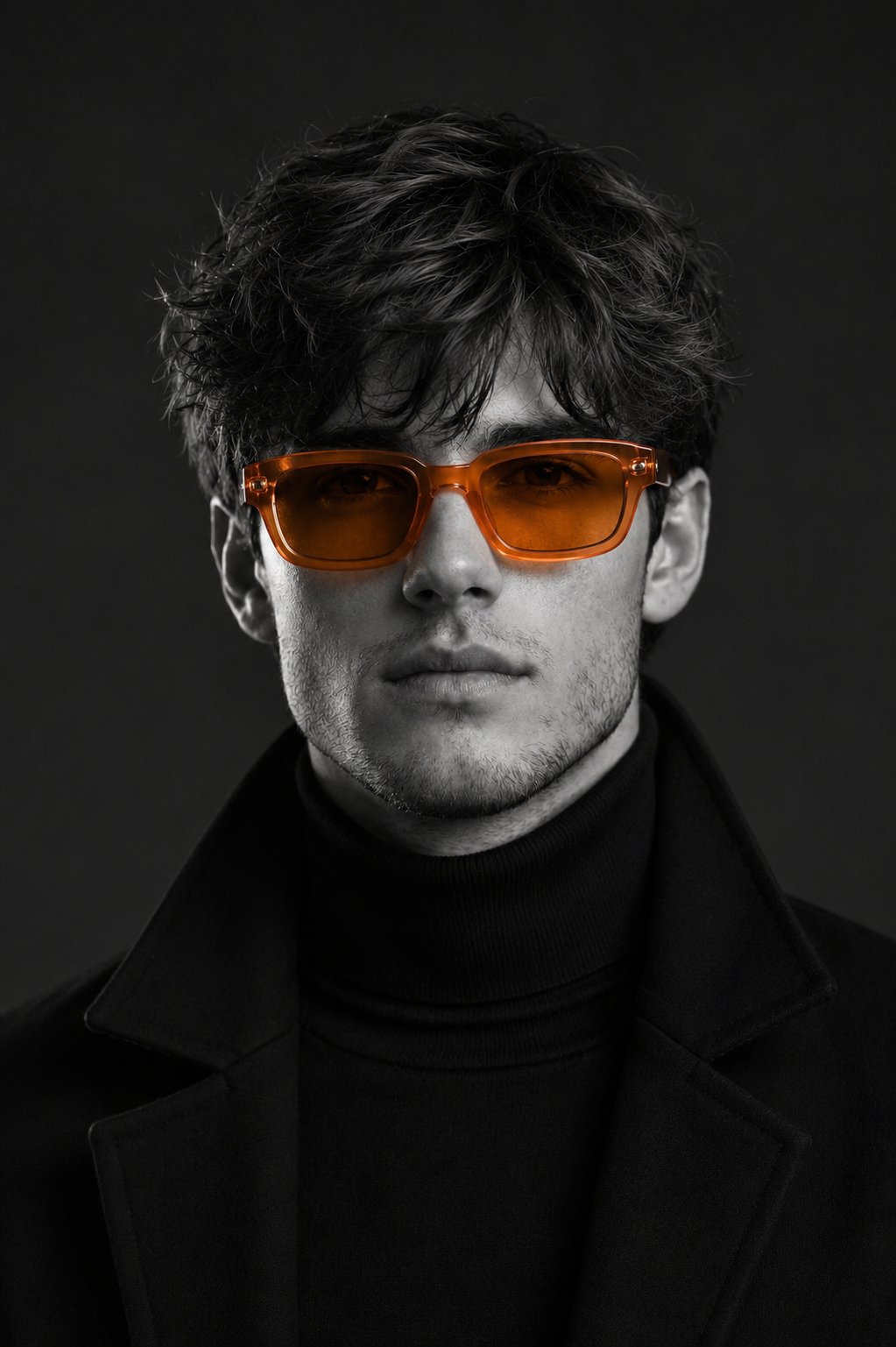 A studio-style close-up editorial portrait of a person with strong,