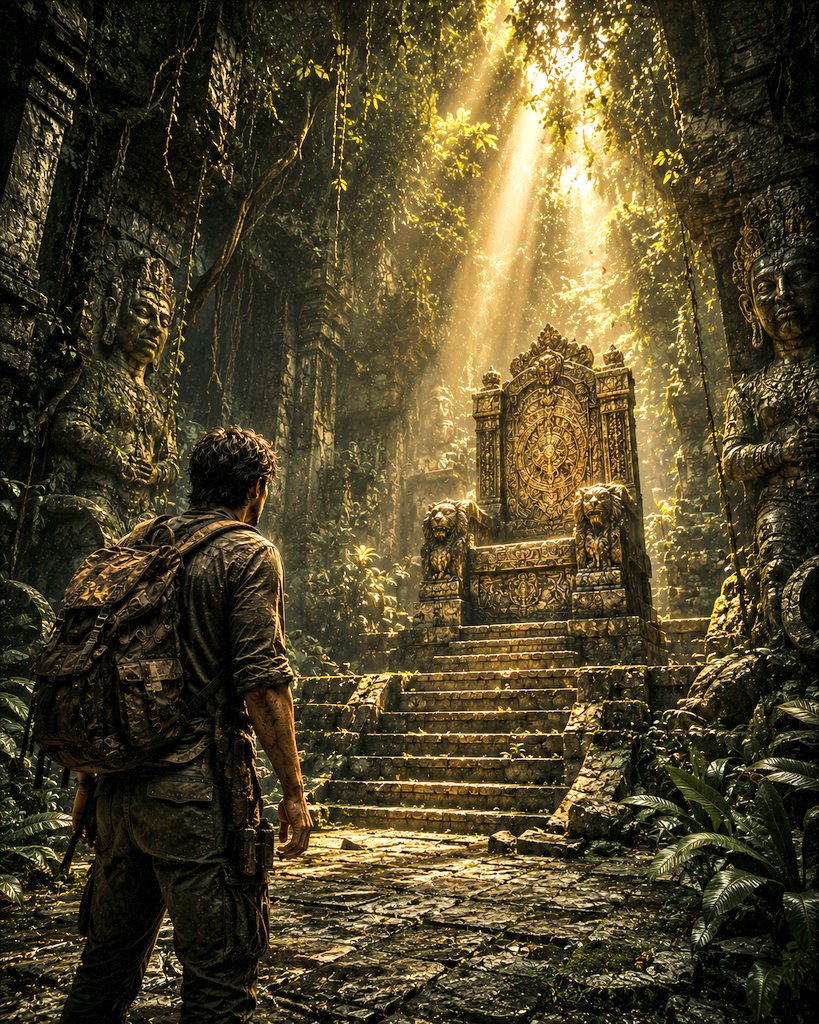 A rugged bearded man discovers an ancient stone throne deep inside a hidden