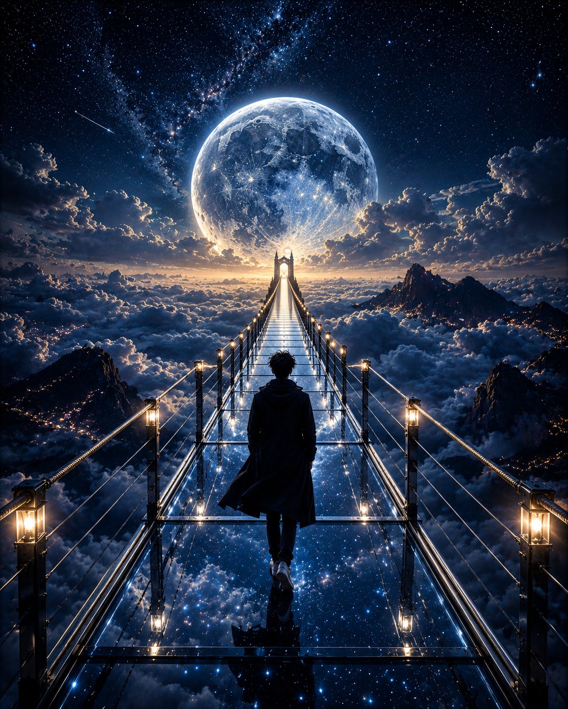 A lone traveler wearing a long black coat walks across an impossibly long