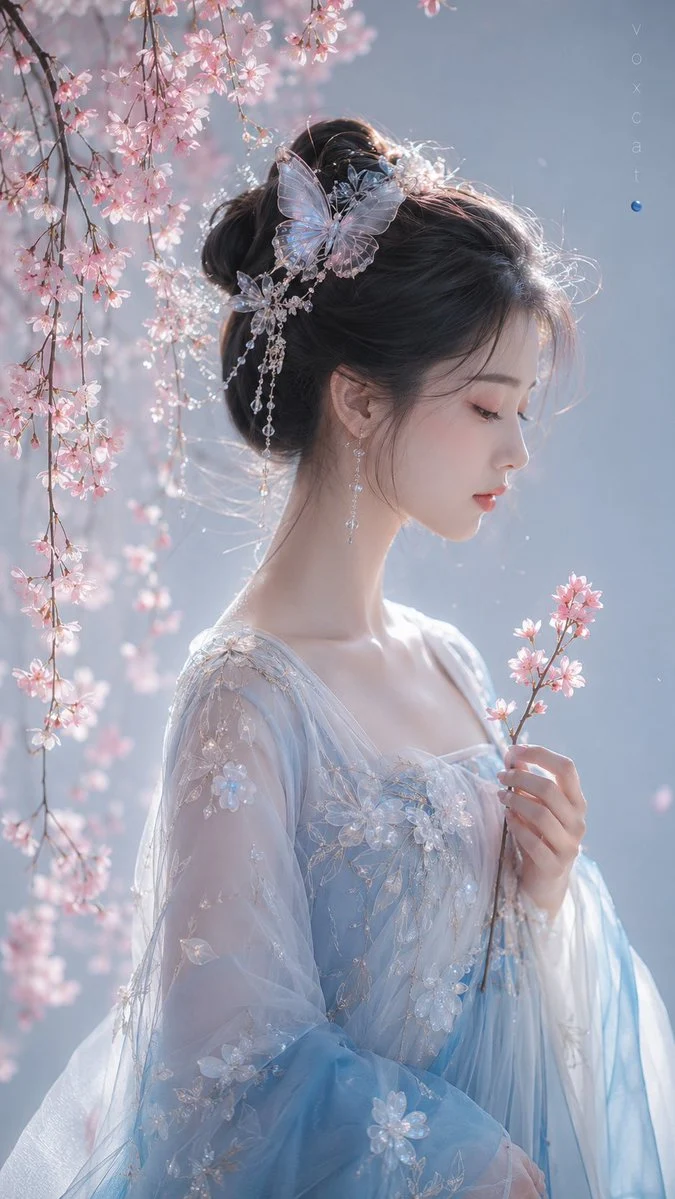 一位清冷古风少女侧脸半身人像,黑色盘发,发间有半透明蝶形发饰,闭眼或微垂眼,神情安静温柔,手中轻托一枝粉色樱花,头...