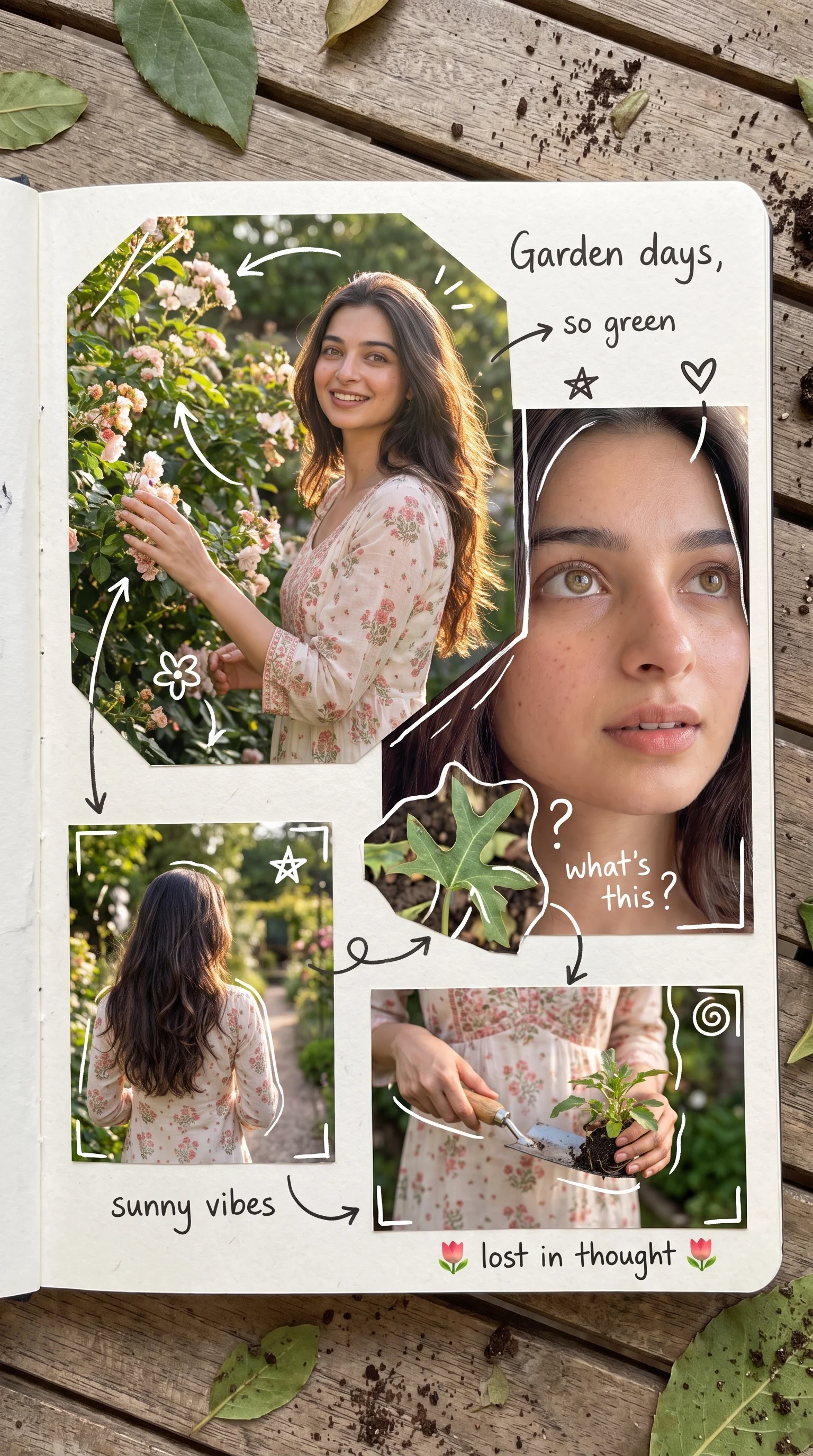 Create a real-life photo album collage around the garden,...