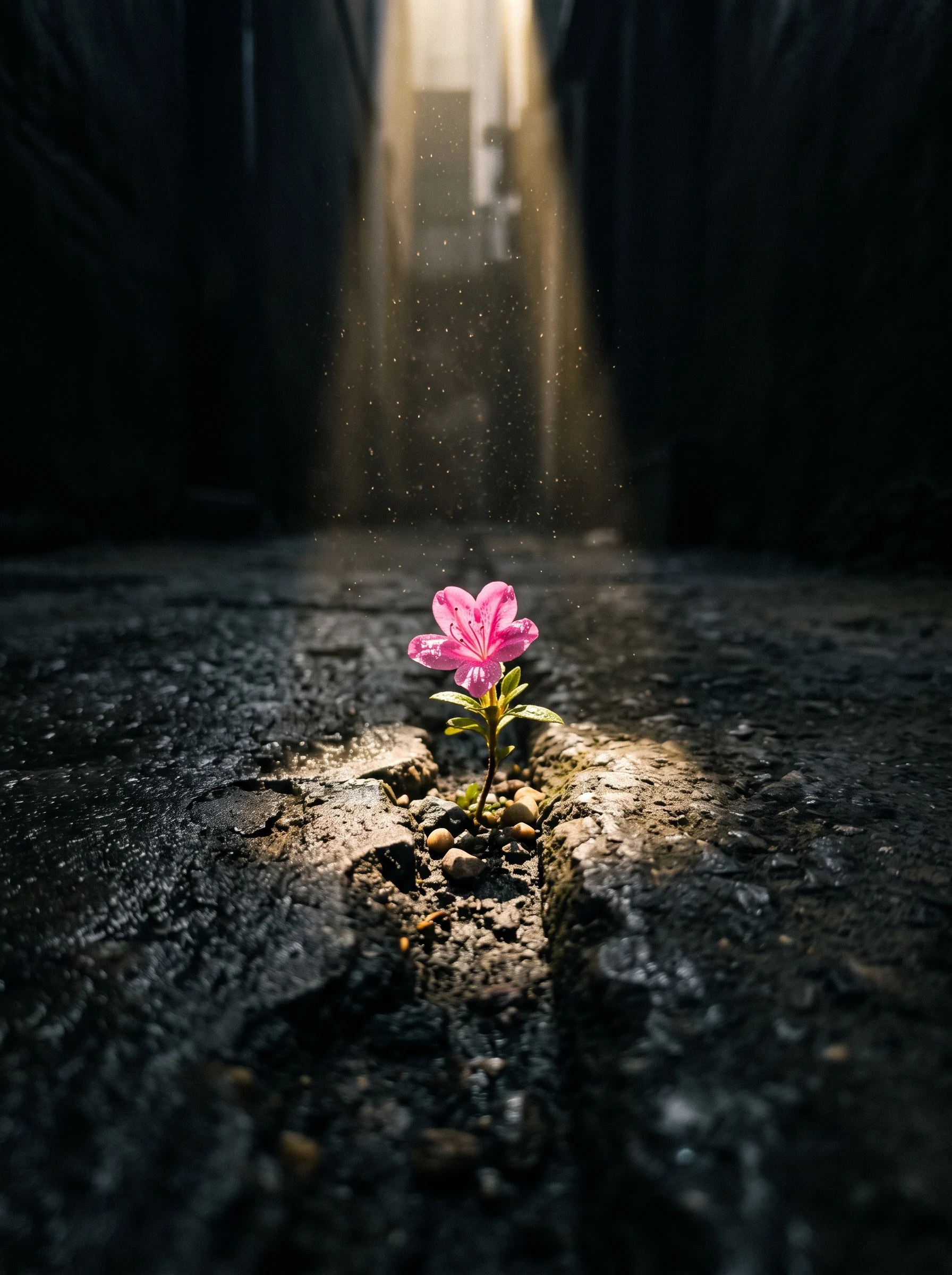 A cinematic macro shot of a small, bright pink flower spr...