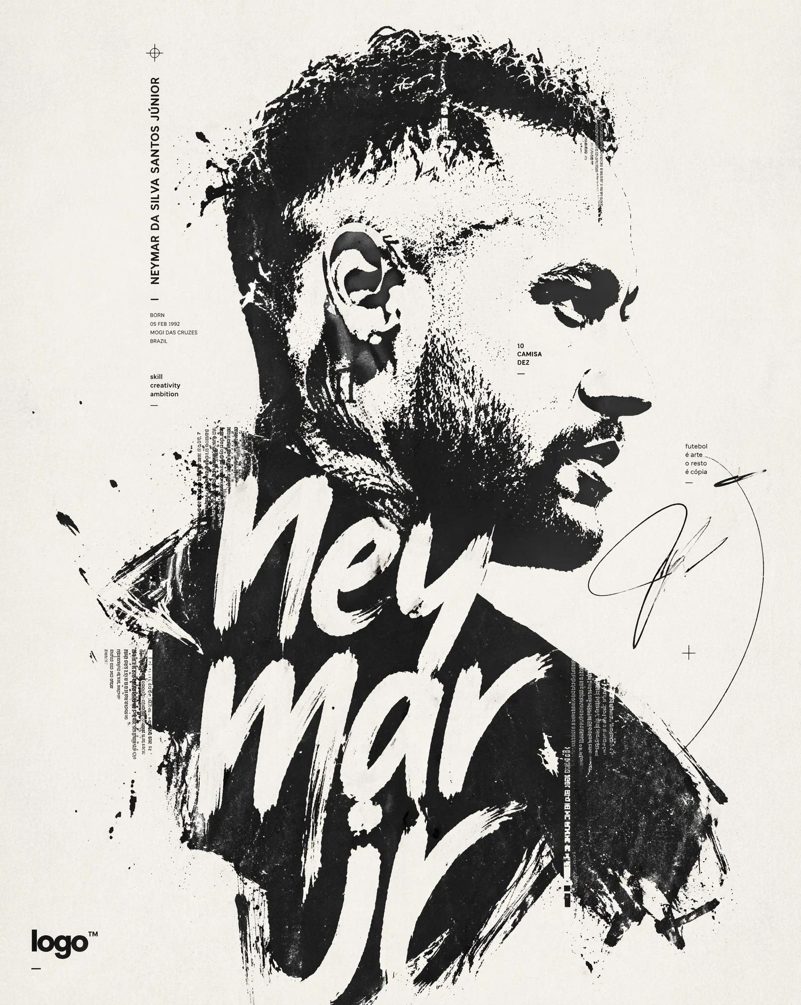 High-contrast black and white typographic portrait poster...