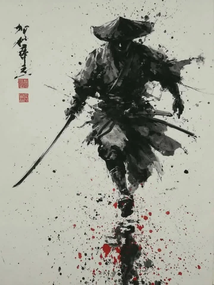 A lone samurai / ronin warrior rendered in traditional Ja...