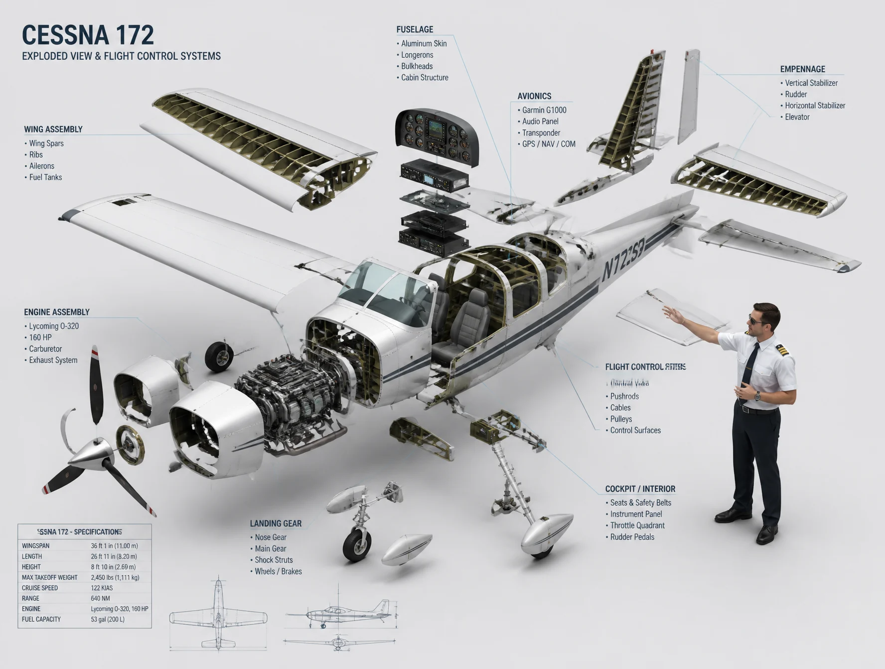 High-end 3D CAD exploded view diagram of a Cessna 172, de...