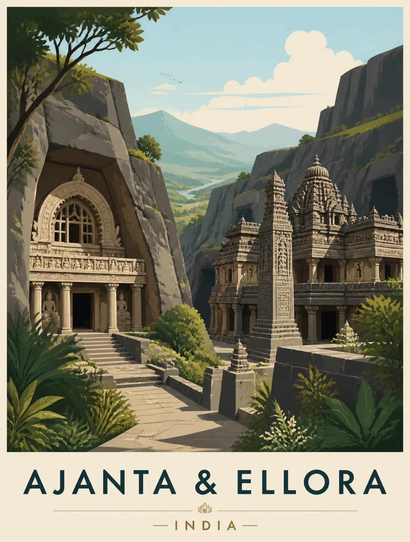 Create a premium editorial travel poster illustration of ...