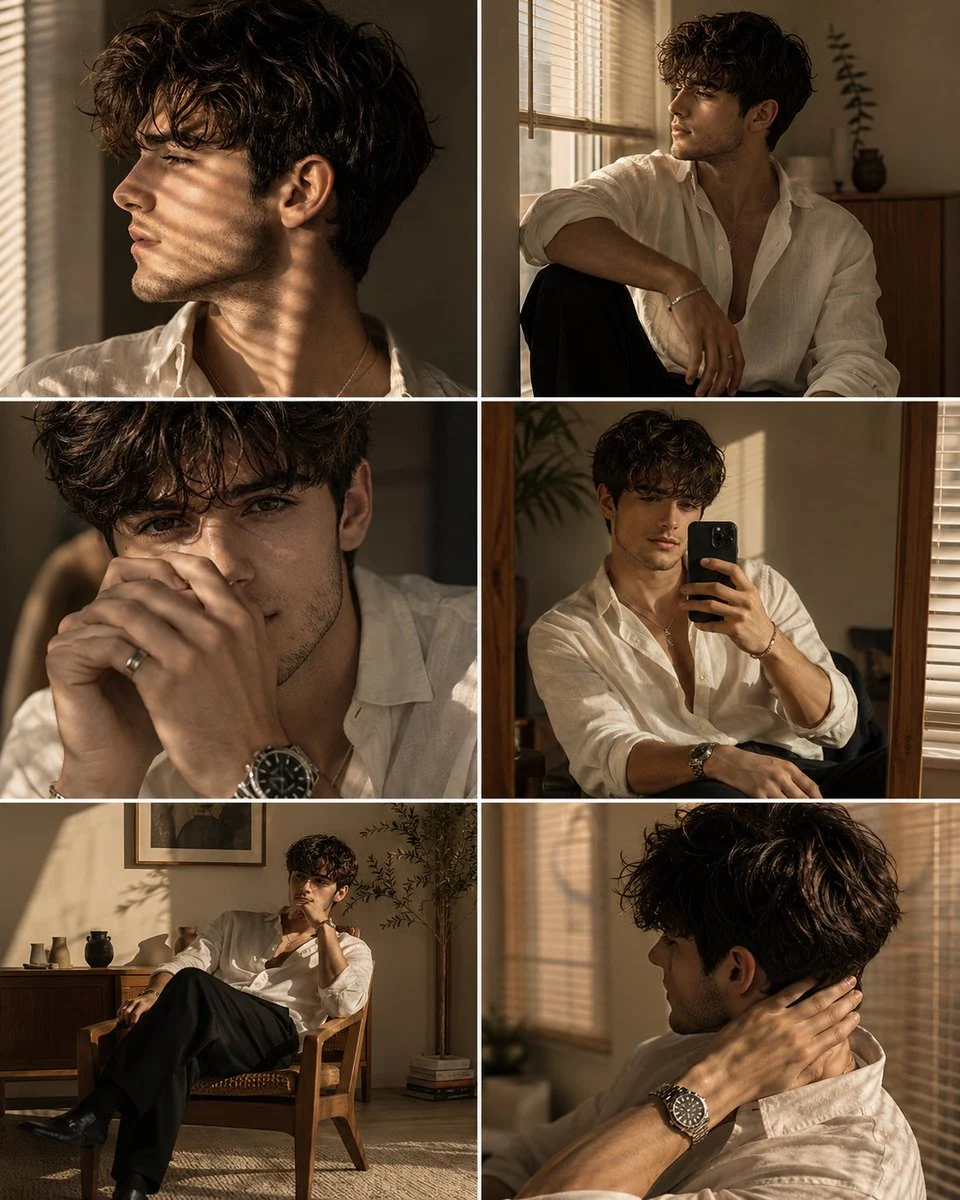 Ultra realistic luxury men's fashion editorial collage fe...