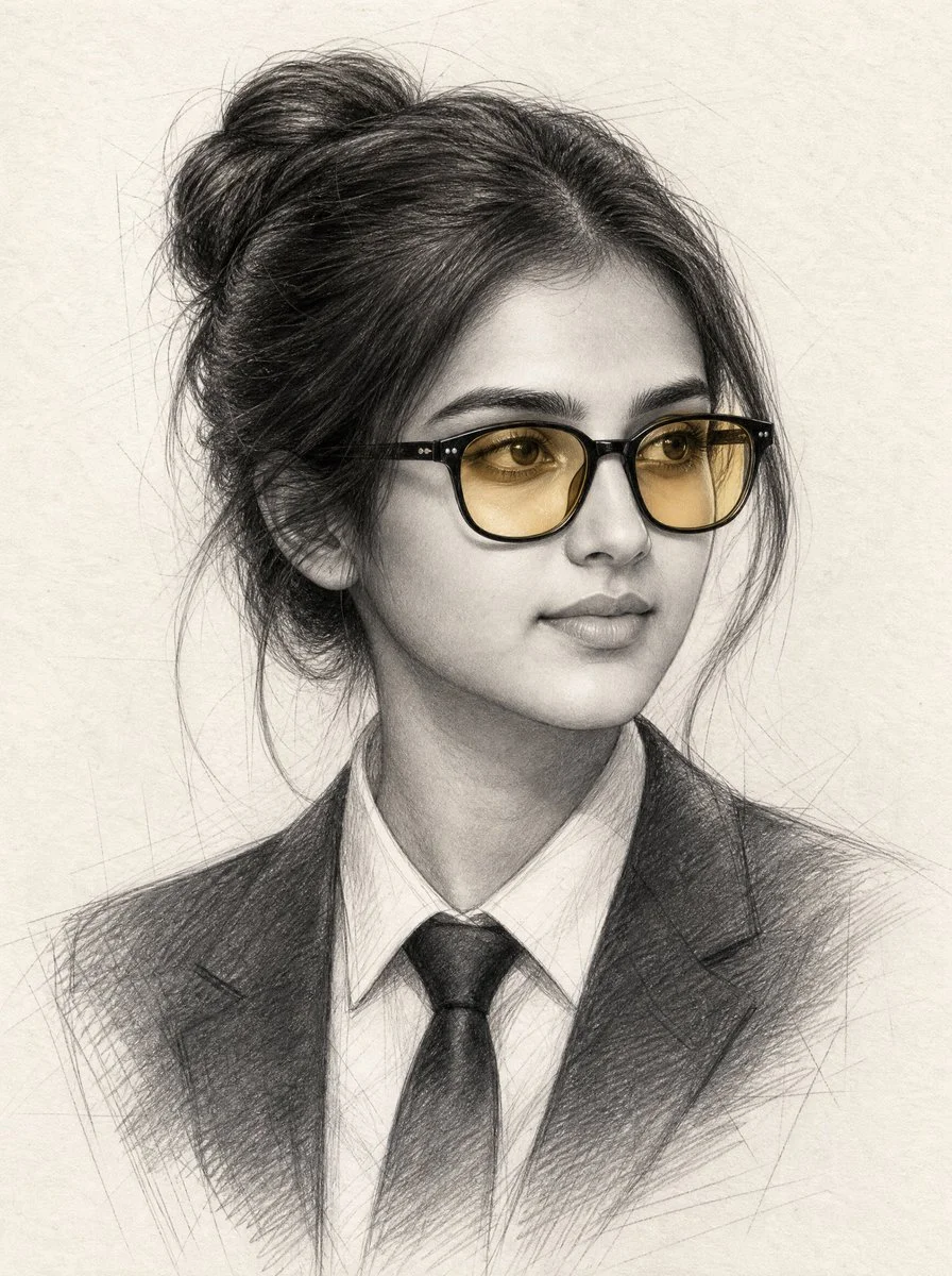Graphite Portrait of Woman in Amber Glasses