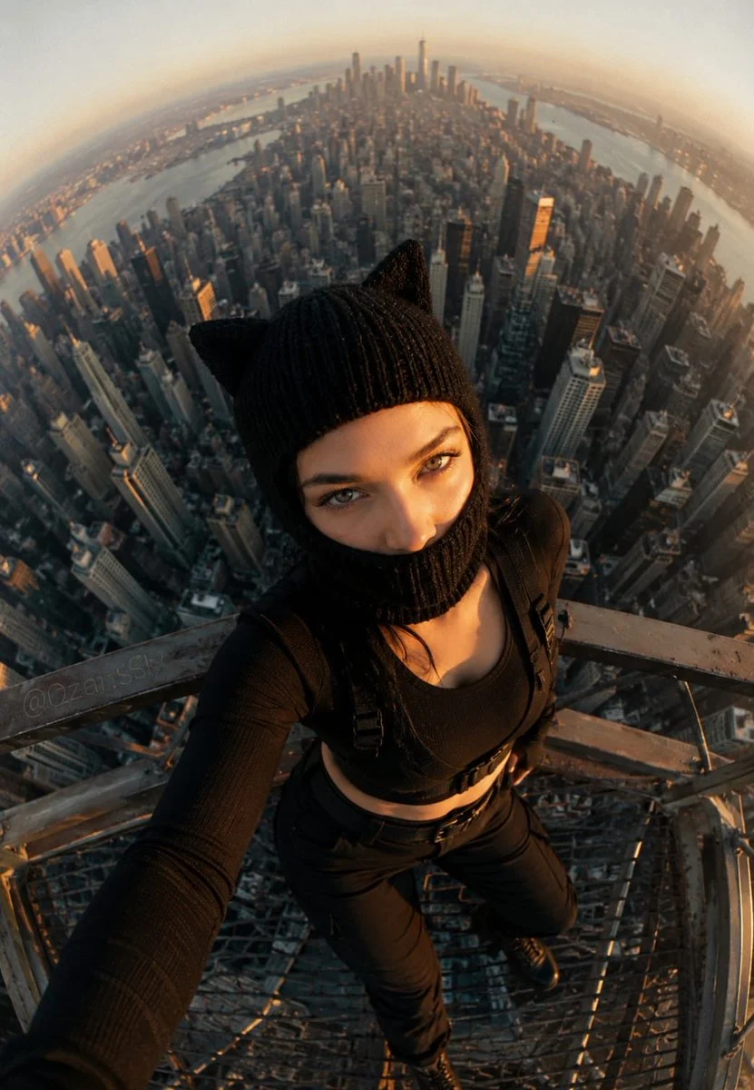 A fictional young woman in a black knit cat-ear balaclava...