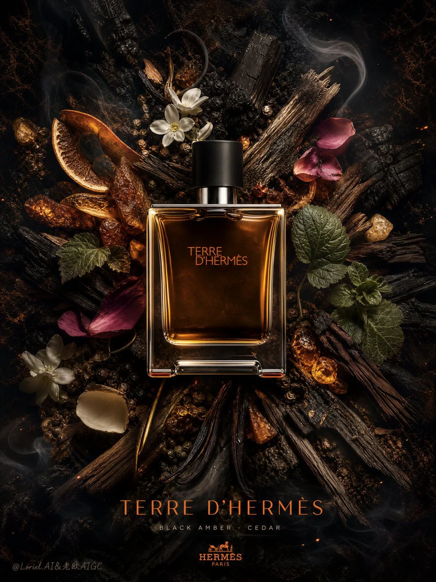 Create an ultra-premium fragrance poster for Hermès Terre...