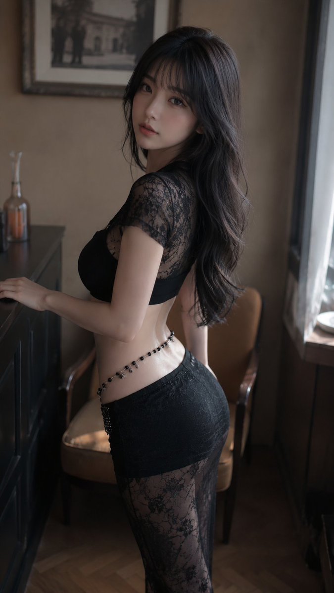 创作一幅写实的竖幅奢华时尚大片肖像,描绘一位21岁以上的东亚成年女性,她站在一间温暖柔和的复古房间内,倚靠在一扇深色门框旁。她略偏左侧,画面从大腿中部到头部被框住,她轻轻倚靠...