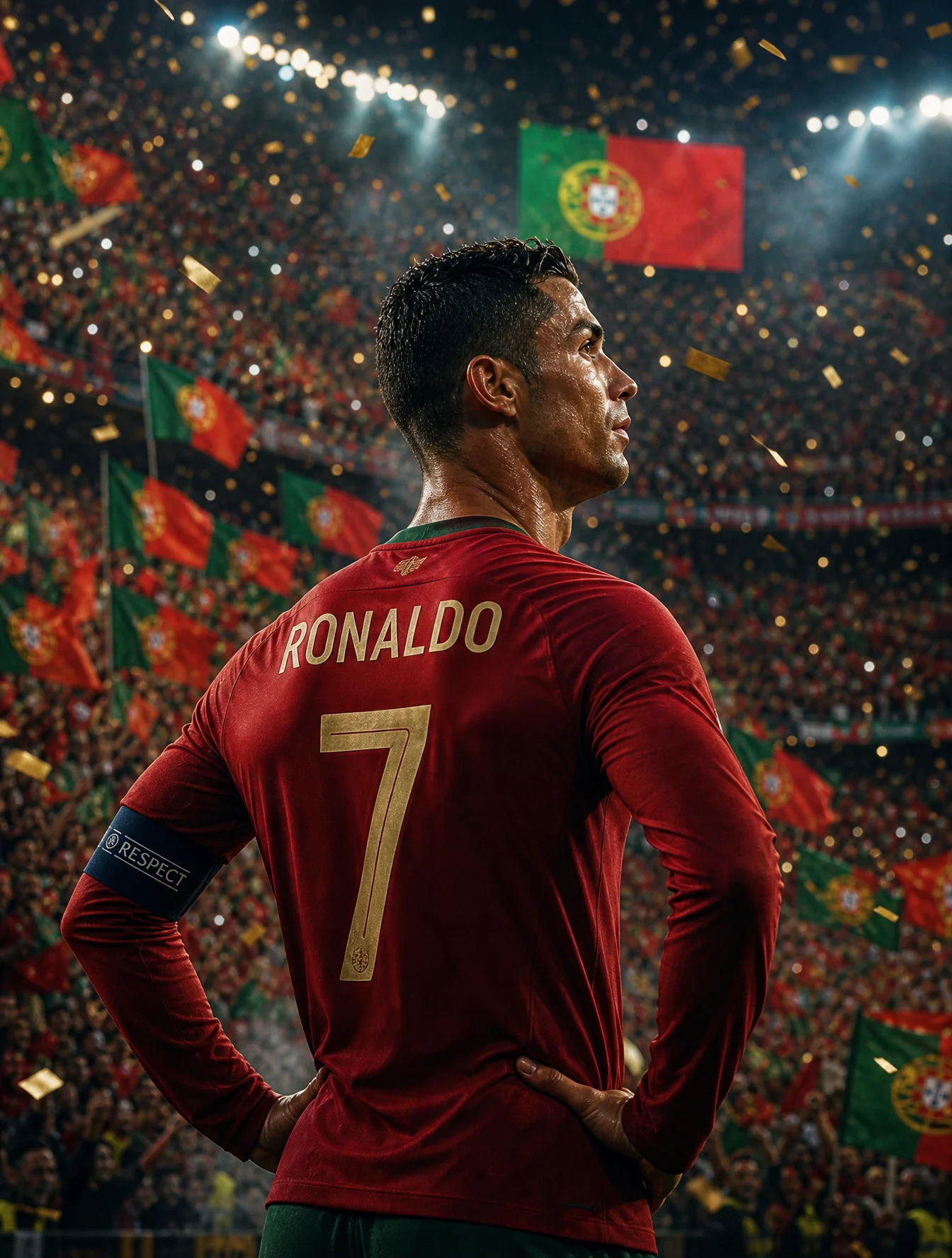Cristiano Ronaldo stands alone with both hands on his hip...