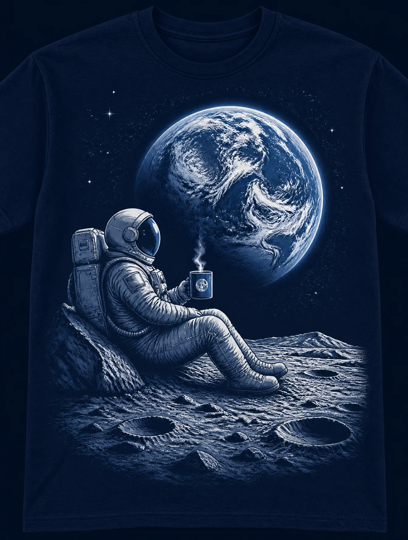 A graphic illustration centered on a dark navy blue t-shi...