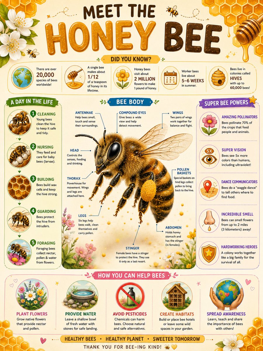 HONEY BEE vibrant educational infographic poster
