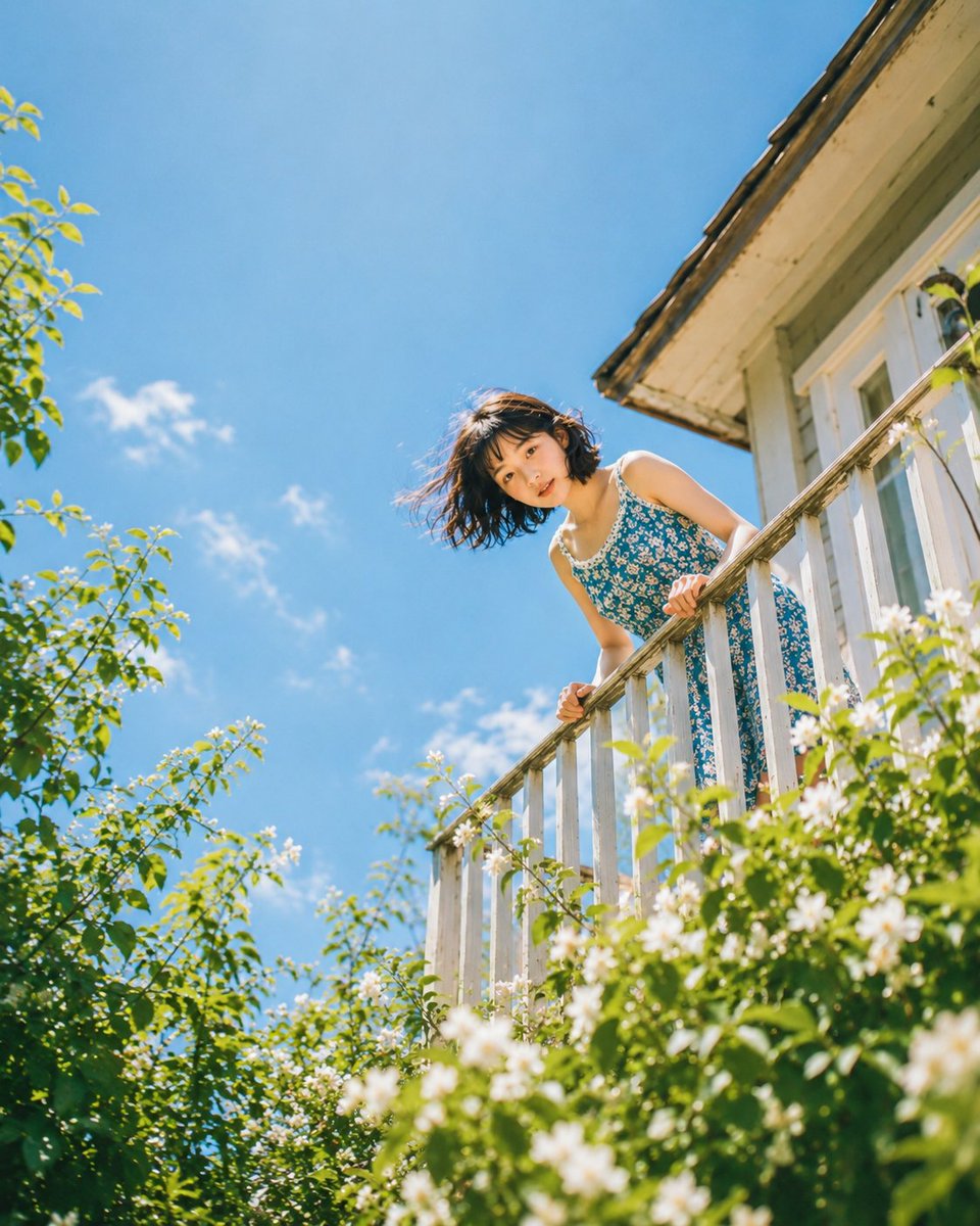 Prompt: Close-up shot from low angle, young woman's face peeking over white balcony rai...