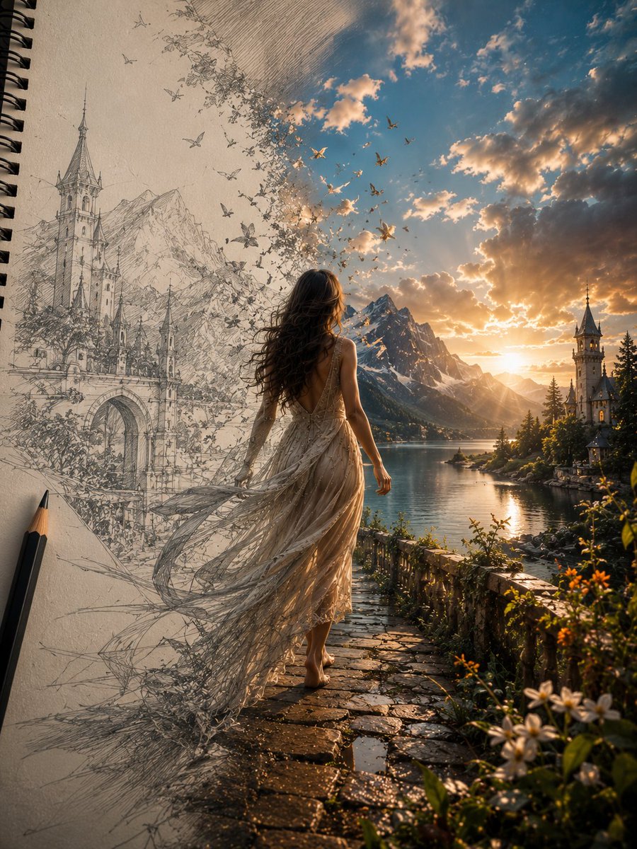 Create a breathtaking vertical 4:5 cinematic surreal artwork where a hand drawn pencil...