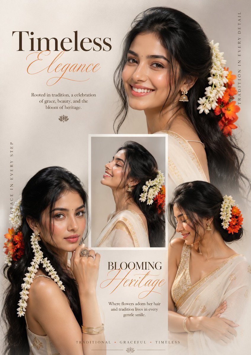 A luxury fashion editorial poster featuring a multi-portrait collage of an ultra-realis...