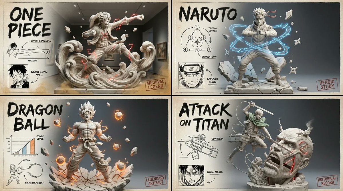 prompt:2x2 grid, 16:9, do this for 4 famous mangas: concept anchor 1: "museum marble ac...