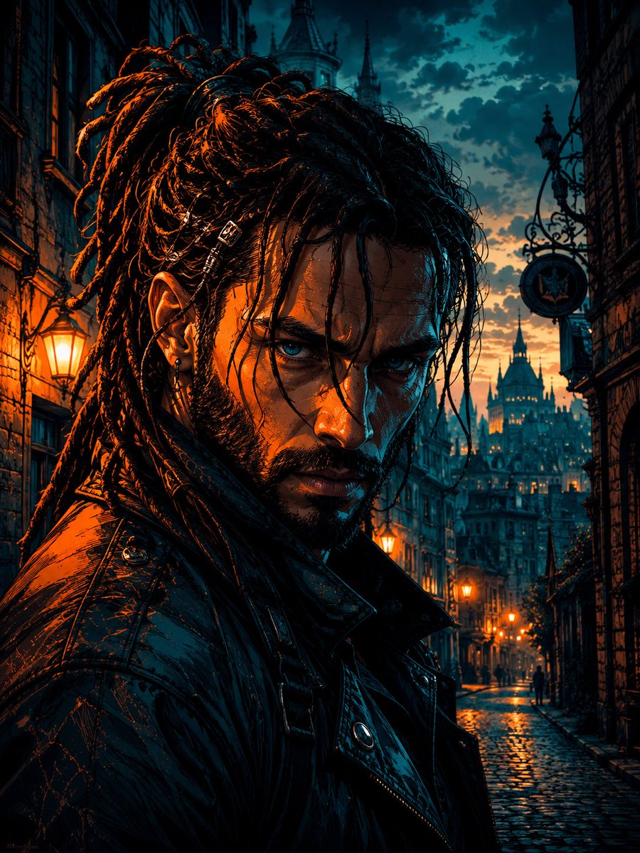 A cinematic cyber-noir portrait of a rugged young man with thick dreadlocks tied back,...