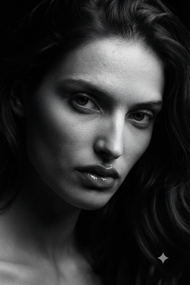 Create a professional, high-fashion black-and-white studio portrait of a woman with str...