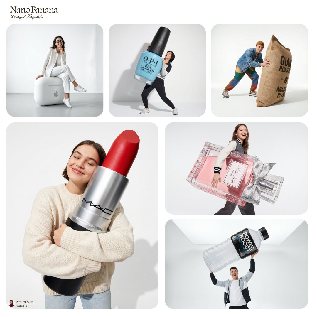 [person], [pose], oversized product in the attached image as the main hero prop, playfu...