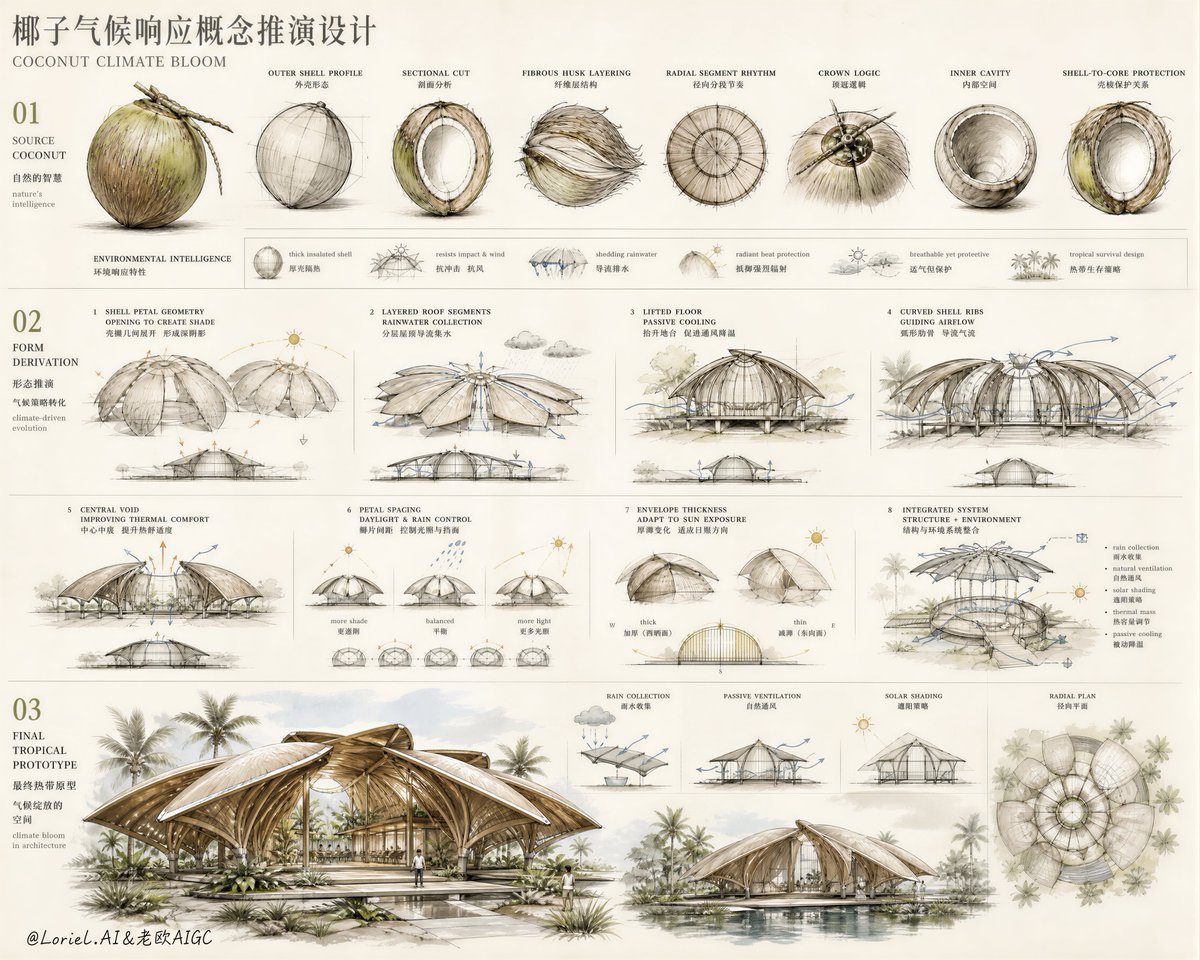 Create a premium concept evolution design presentation board, “Coconut Climate Bloom” e...